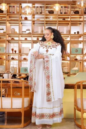 Zuria Habesha Kemis – White with Gold-Silver Tibeb – Azmarino Fashion Boutique – view 3