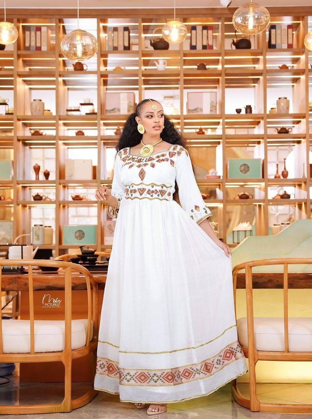 Zuria Habesha Kemis – White with Gold-Silver Tibeb – Azmarino Fashion Boutique – view 4