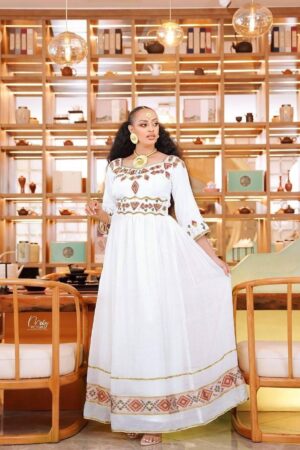 Zuria Habesha Kemis – White with Gold-Silver Tibeb – Azmarino Fashion Boutique – view 4