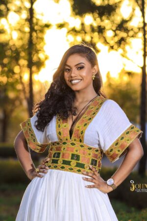 Zuria Habesha Kemis – White with Gold Tibeb Bodice – Azmarino Fashion Boutique – view 2