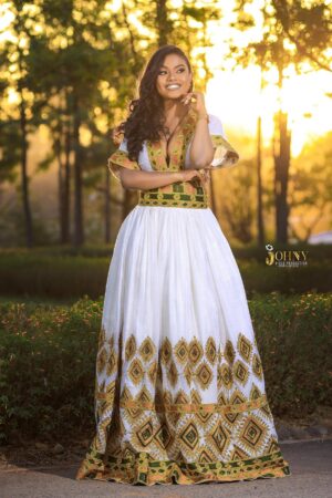 Zuria Habesha Kemis – White with Gold Tibeb Bodice – Azmarino Fashion Boutique – view 3