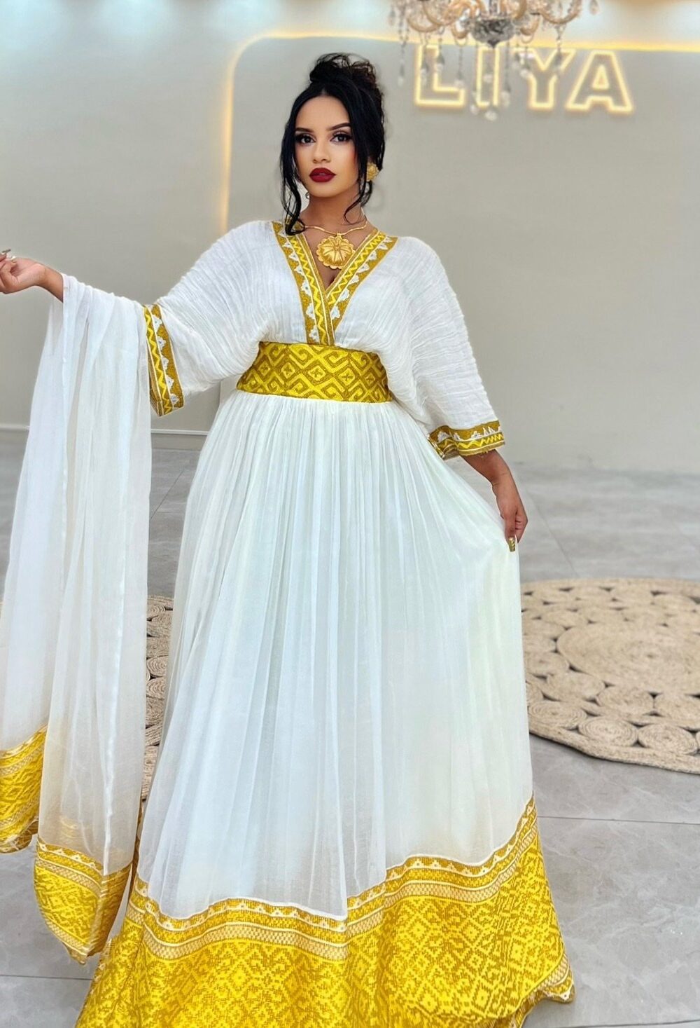 Zuria Habesha Kemis – White with Gold Tibeb (Style 1) – Azmarino Fashion Boutique