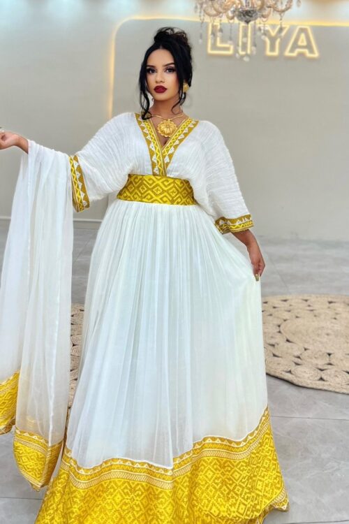 Zuria Habesha Kemis – White with Gold Tibeb (Style 1) – Azmarino Fashion Boutique