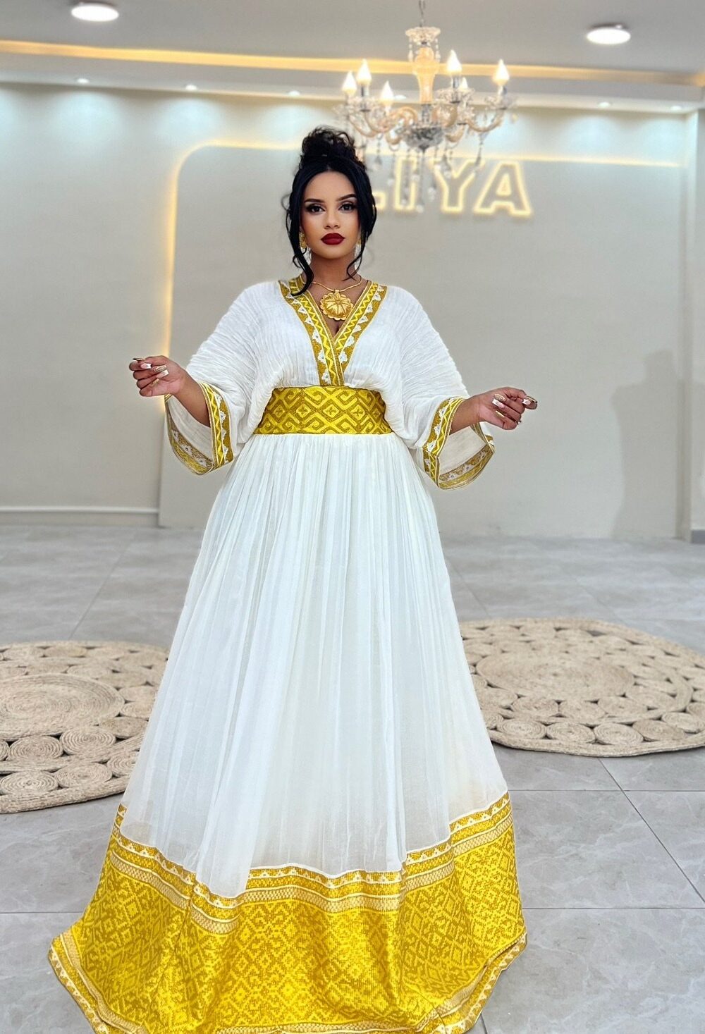 Zuria Habesha Kemis – White with Gold Tibeb (Style 1) – Azmarino Fashion Boutique – view 3