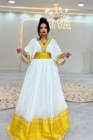 Zuria Habesha Kemis – White with Gold Tibeb (Style 1) – Azmarino Fashion Boutique – view 3