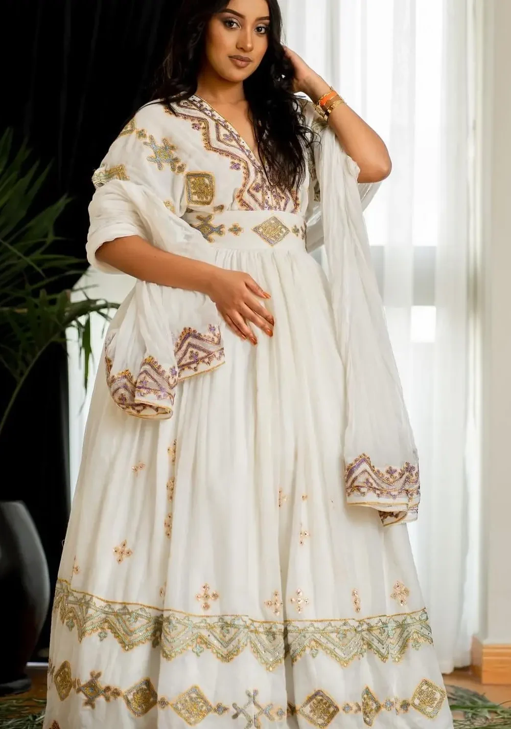 Zuria Habesha Kemis – White with Gold Tibeb (Style 11) – Azmarino Fashion Boutique