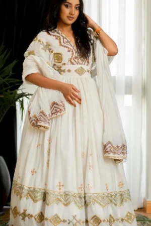 Zuria Habesha Kemis – White with Gold Tibeb (Style 11) – Azmarino Fashion Boutique – view 2