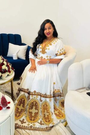 Zuria Habesha Kemis – White with Gold Tibeb (Style 12) – Azmarino Fashion Boutique
