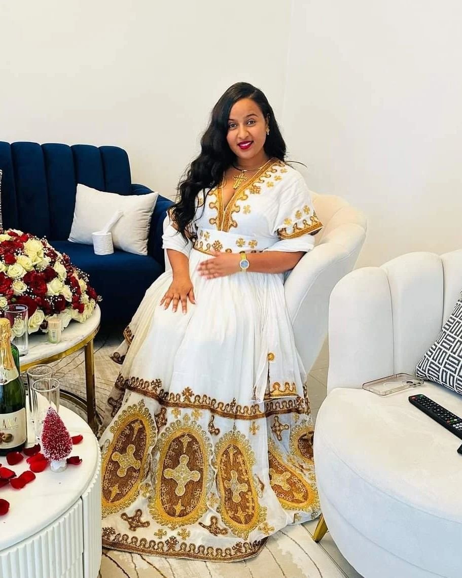 Zuria Habesha Kemis – White with Gold Tibeb (Style 12) – Azmarino Fashion Boutique