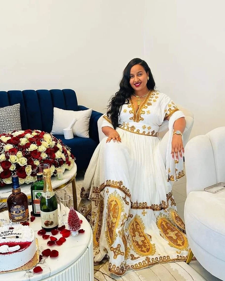 Zuria Habesha Kemis – White with Gold Tibeb (Style 12) – Azmarino Fashion Boutique – view 2