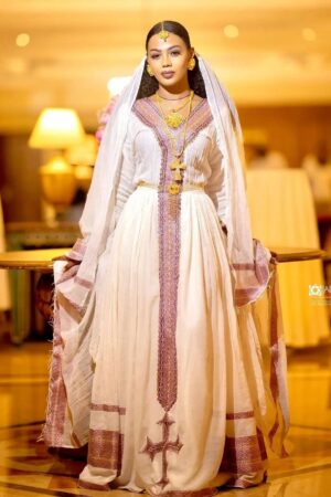 Zuria Habesha Kemis – White with Gold Tibeb (Style 13) – Azmarino Fashion Boutique