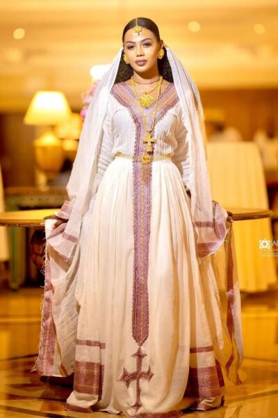 Zuria Habesha Kemis – White with Gold Tibeb (Style 13)