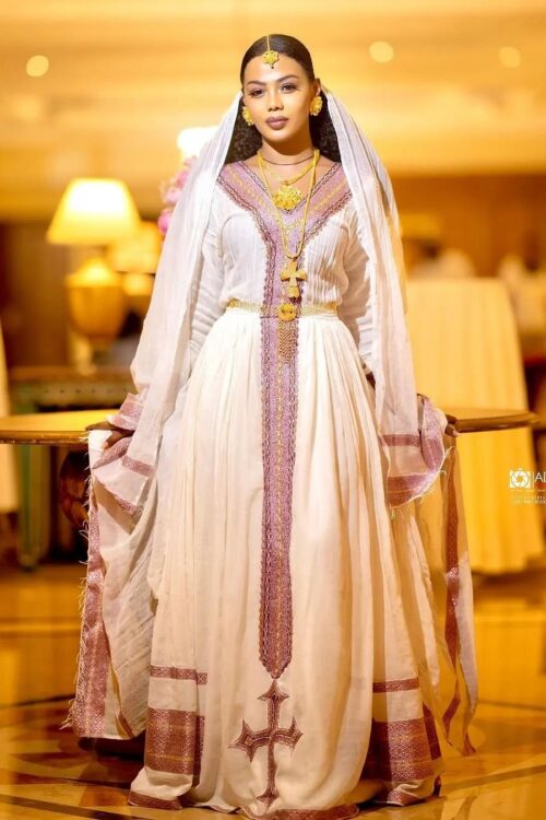 Zuria Habesha Kemis – White with Gold Tibeb (Style 13) – Azmarino Fashion Boutique