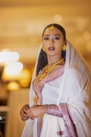 Zuria Habesha Kemis – White with Gold Tibeb (Style 13) – Azmarino Fashion Boutique – view 3
