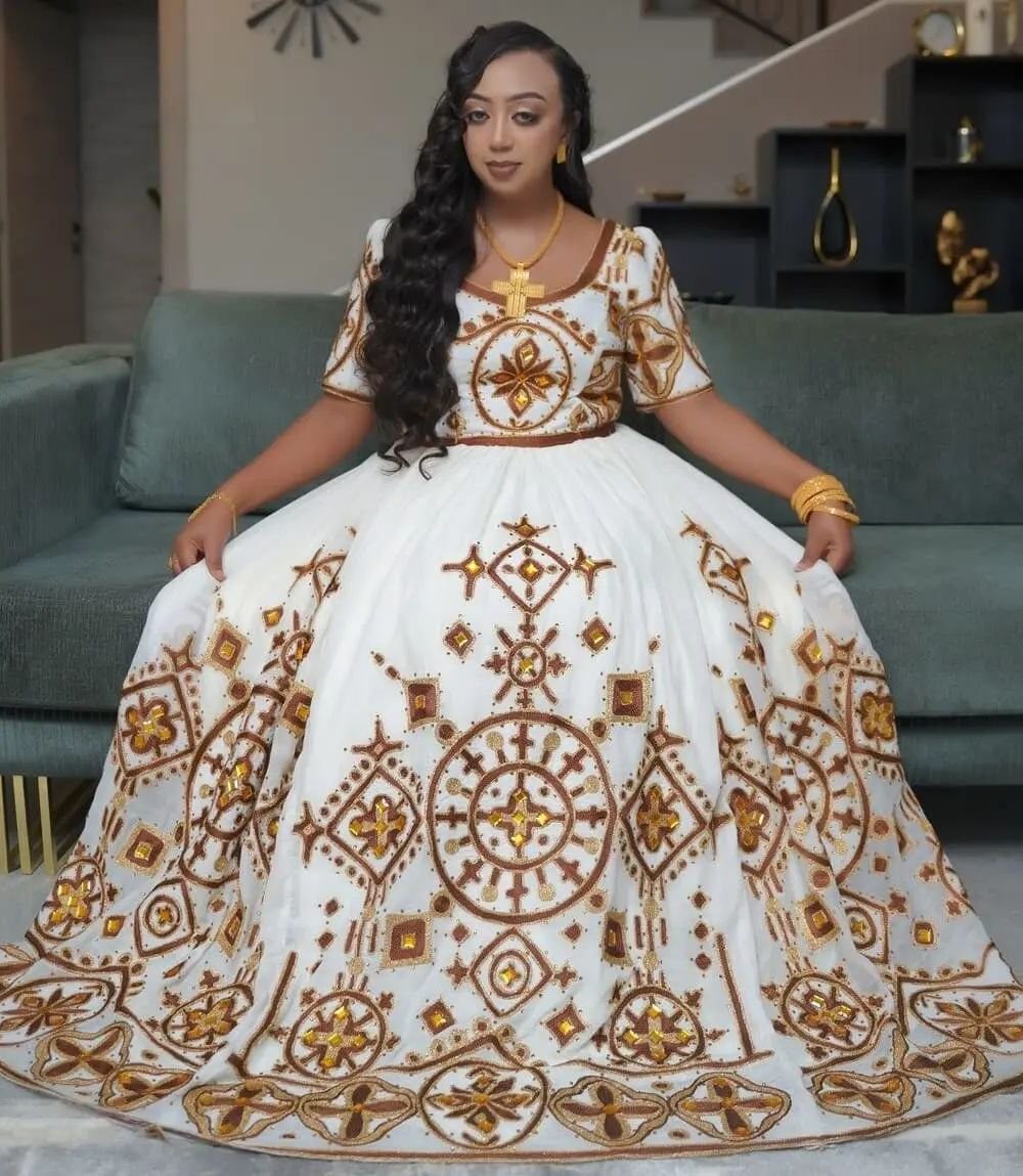 Zuria Habesha Kemis – White with Gold Tibeb (Style 14) – Azmarino Fashion Boutique