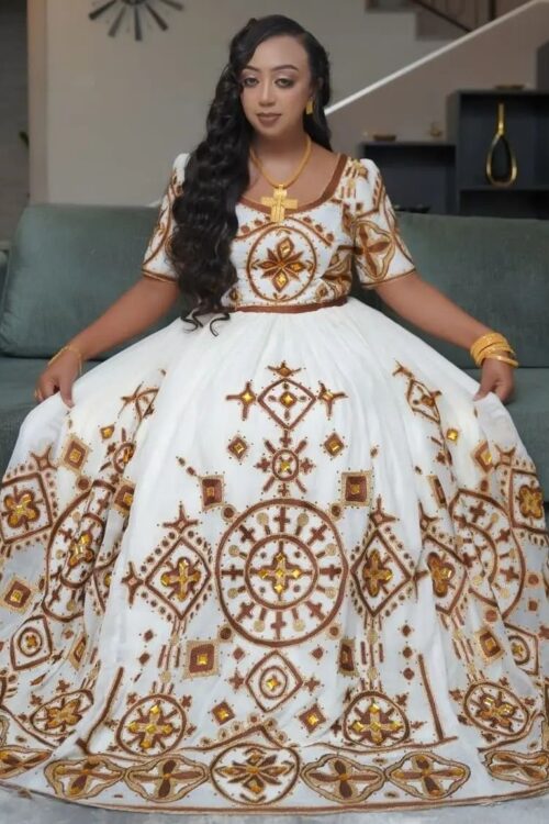 Zuria Habesha Kemis – White with Gold Tibeb (Style 14) – Azmarino Fashion Boutique