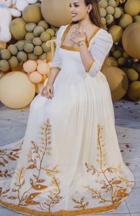 Zuria Habesha Kemis – White with Gold Tibeb (Style 18) – Azmarino Fashion Boutique