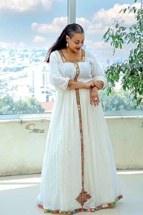 Zuria Habesha Kemis – White with Gold Tibeb (Style 19) – Azmarino Fashion Boutique
