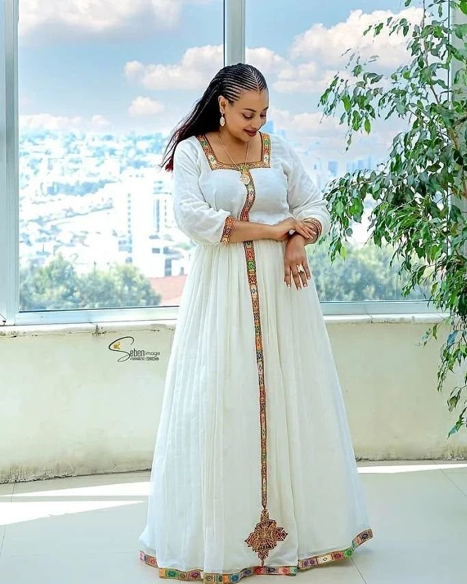 Zuria Habesha Kemis – White with Gold Tibeb (Style 19) – Azmarino Fashion Boutique