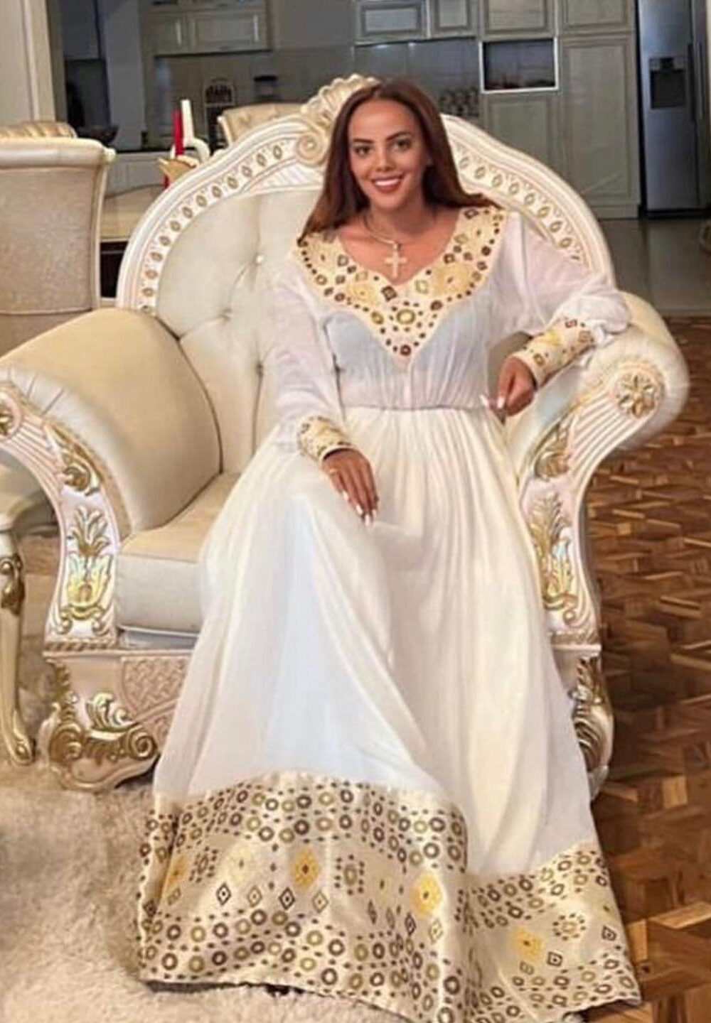 Zuria Habesha Kemis – White with Gold Tibeb (Style 2) – Azmarino Fashion Boutique