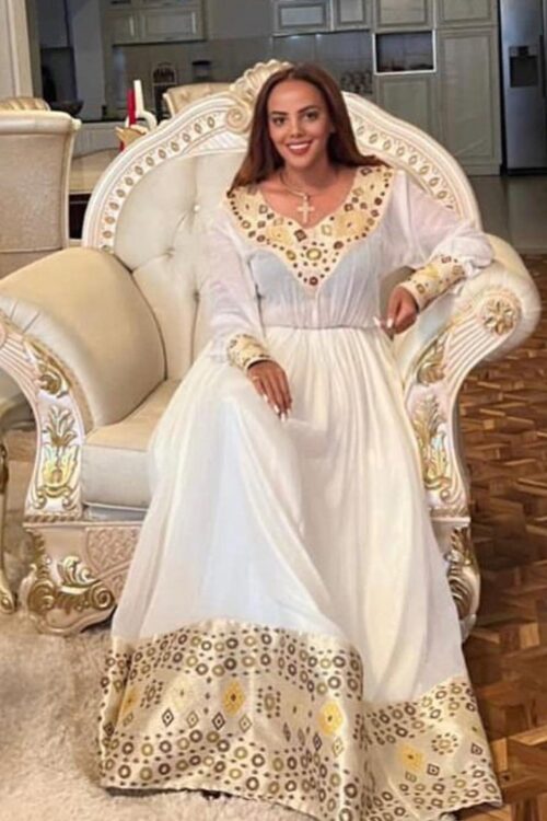 Zuria Habesha Kemis – White with Gold Tibeb (Style 2) – Azmarino Fashion Boutique
