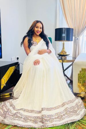 Zuria Habesha Kemis – White with Gold Tibeb (Style 20) – Azmarino Fashion Boutique – view 2