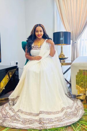 Zuria Habesha Kemis – White with Gold Tibeb (Style 20) – Azmarino Fashion Boutique – view 3