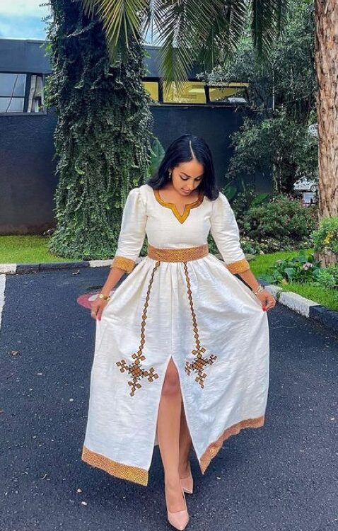 Zuria Habesha Kemis – White with Gold Tibeb (Style 21) – Azmarino Fashion Boutique