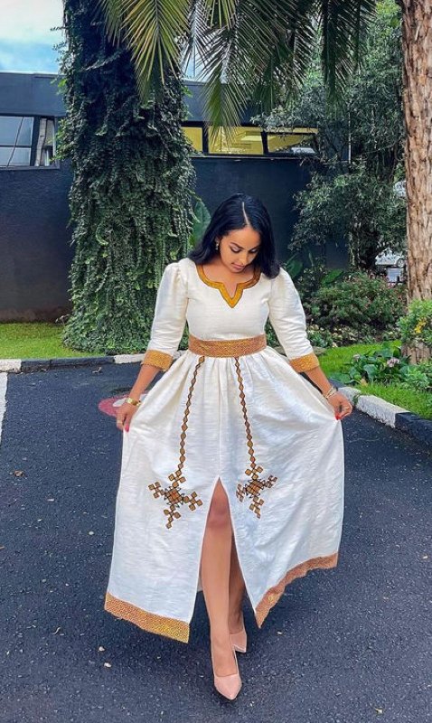 Zuria Habesha Kemis – White with Gold Tibeb (Style 21) – Azmarino Fashion Boutique