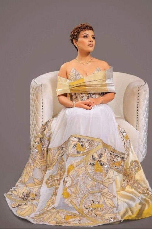 Zuria Habesha Kemis – White with Gold Tibeb (Style 22) – Azmarino Fashion Boutique