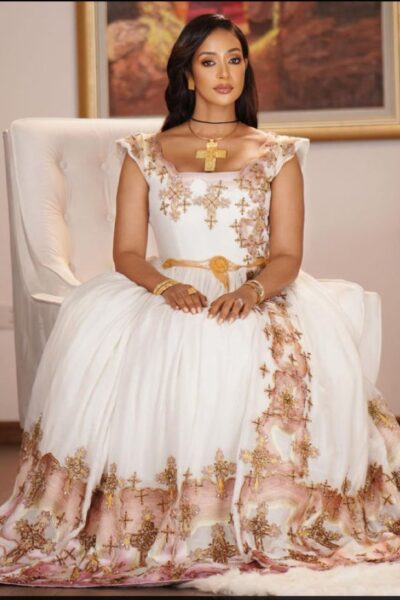 Zuria Habesha Kemis – White with Gold Tibeb (Style 23)