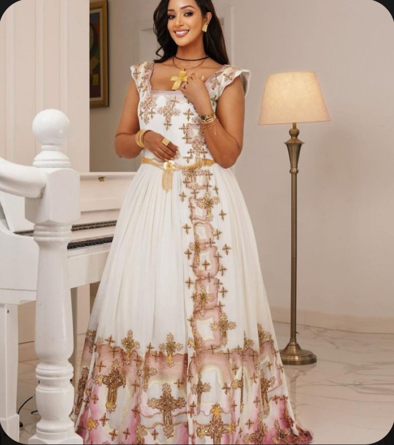 Zuria Habesha Kemis – White with Gold Tibeb (Style 23) – Azmarino Fashion Boutique – view 2