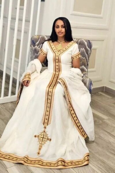 Zuria Habesha Kemis – White with Gold Tibeb (Style 24)