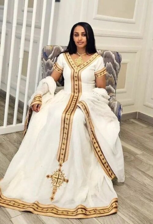 Zuria Habesha Kemis – White with Gold Tibeb (Style 24) – Azmarino Fashion Boutique