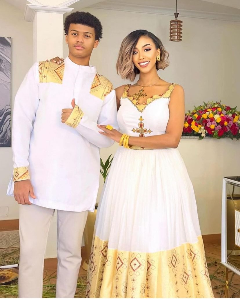 Zuria Habesha Kemis – White with Gold Tibeb (Style 25) – Azmarino Fashion Boutique