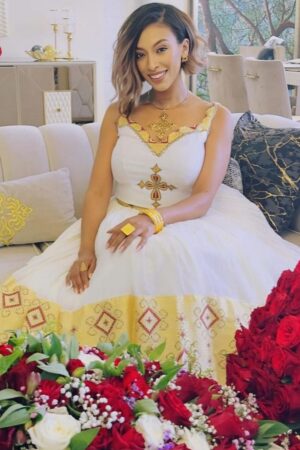 Zuria Habesha Kemis – White with Gold Tibeb (Style 25) – Azmarino Fashion Boutique – view 3