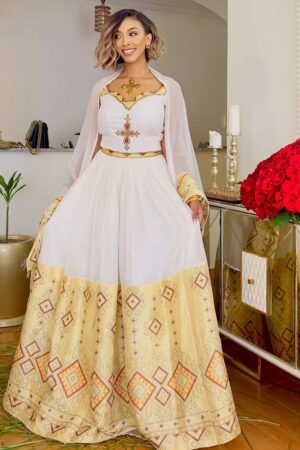 Zuria Habesha Kemis – White with Gold Tibeb (Style 25) – Azmarino Fashion Boutique – view 4