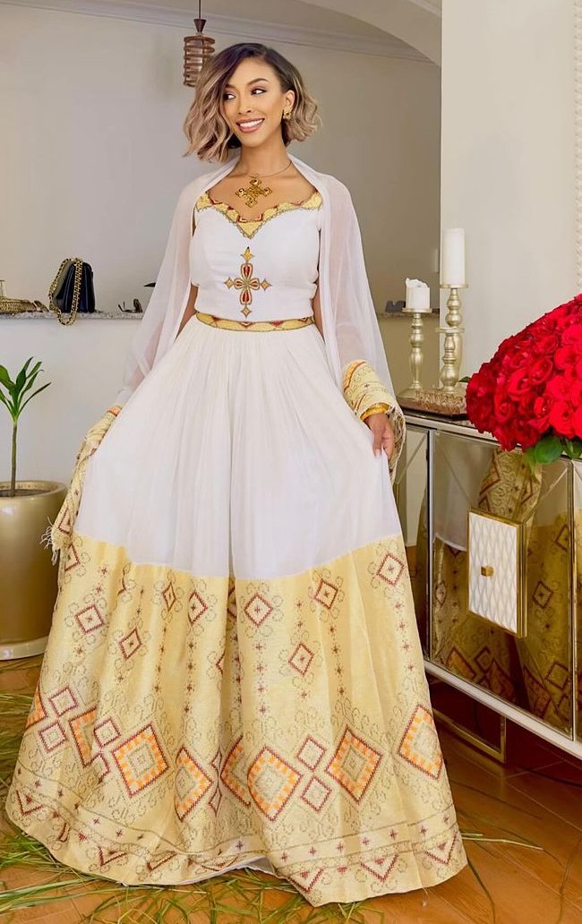 Zuria Habesha Kemis – White with Gold Tibeb (Style 25) – Azmarino Fashion Boutique – view 4