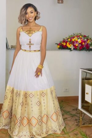 Zuria Habesha Kemis – White with Gold Tibeb (Style 25) – Azmarino Fashion Boutique – view 5