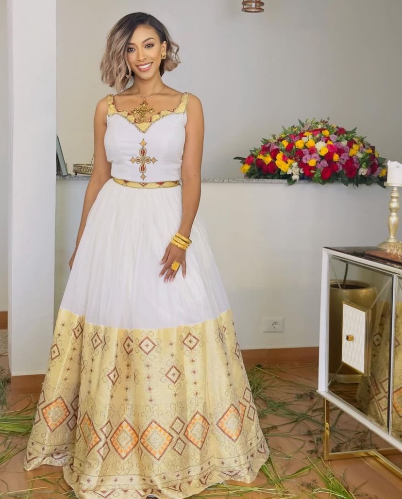 Zuria Habesha Kemis – White with Gold Tibeb (Style 25) – Azmarino Fashion Boutique – view 5