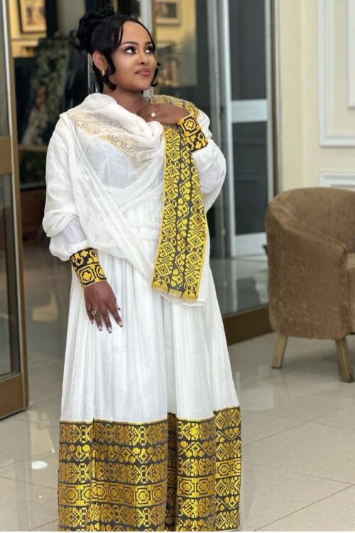 Zuria Habesha Kemis – White with Gold Tibeb (Style 26) – Azmarino Fashion Boutique