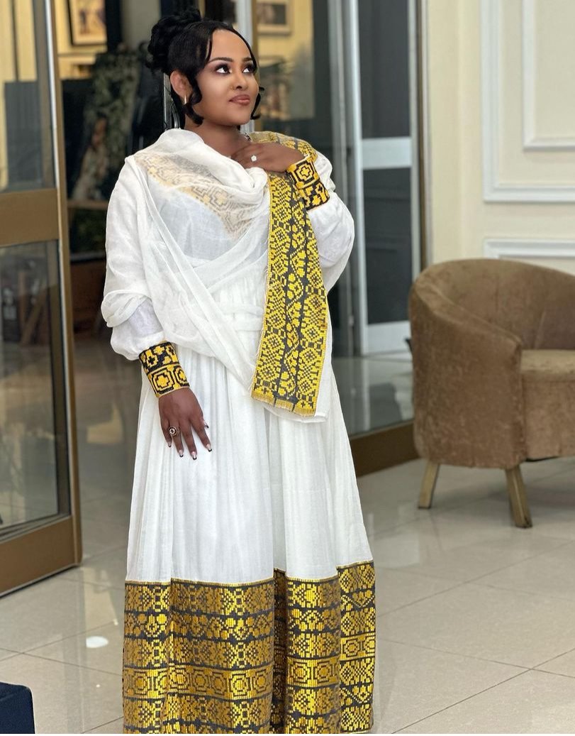 Zuria Habesha Kemis – White with Gold Tibeb (Style 26) – Azmarino Fashion Boutique