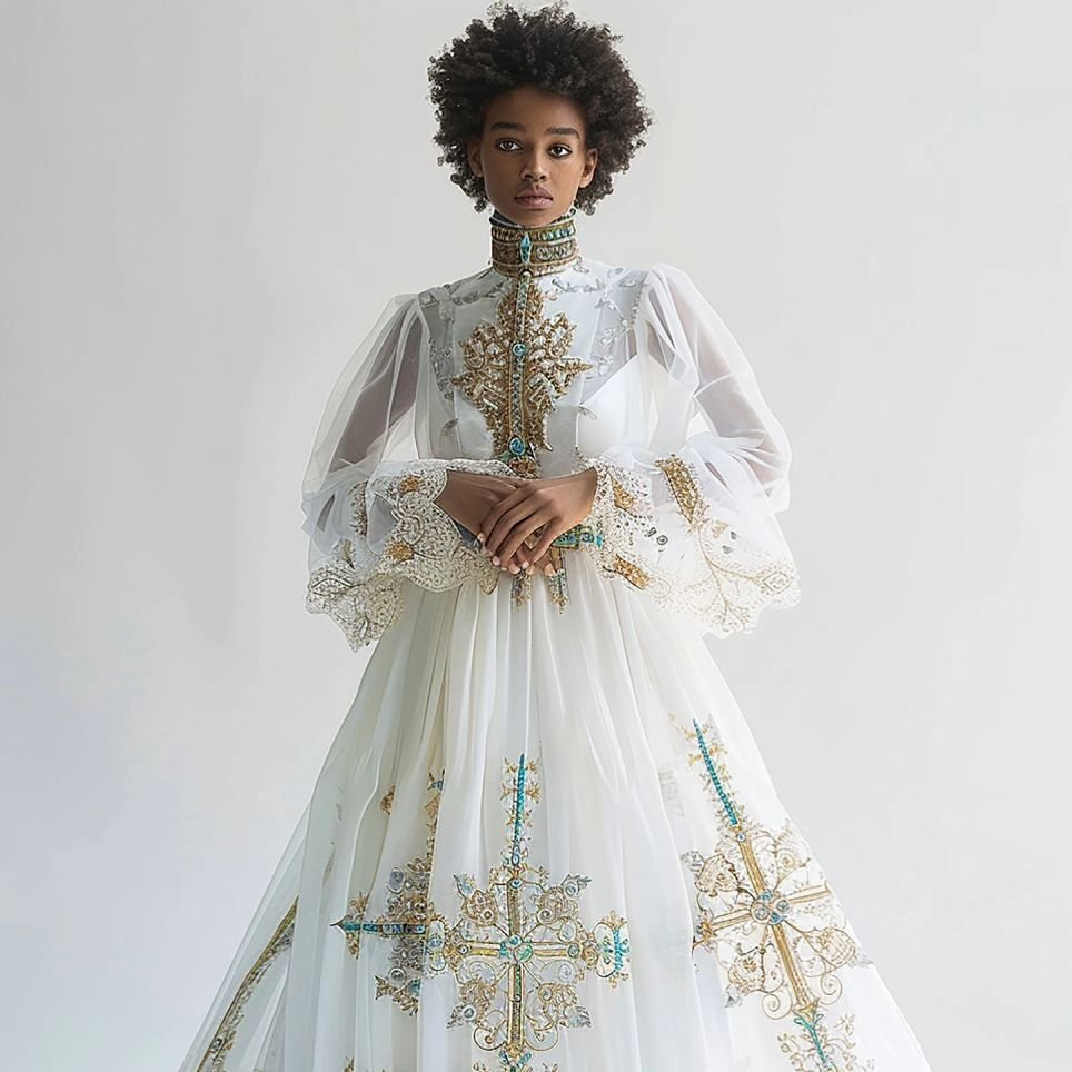 Zuria Habesha Kemis – White with Gold Tibeb (Style 28) – Azmarino Fashion Boutique