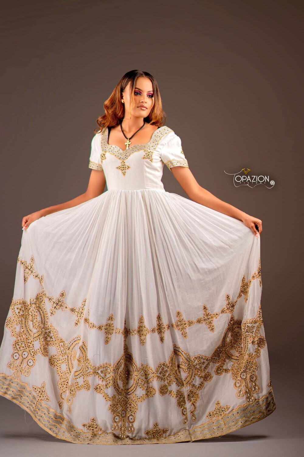 Zuria Habesha Kemis – White with Gold Tibeb (Style 3) – Azmarino Fashion Boutique