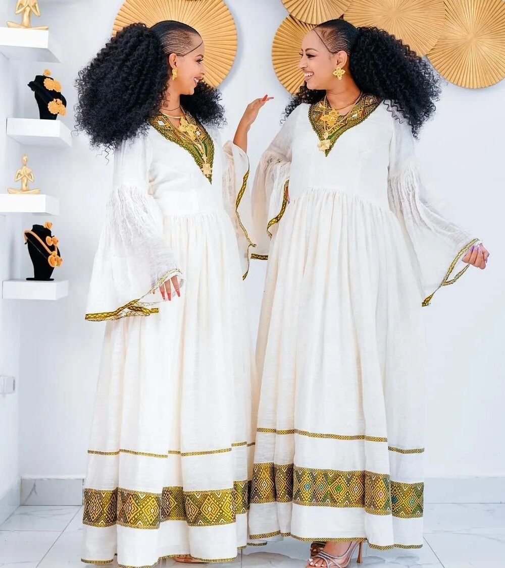Zuria Habesha Kemis – White with Gold Tibeb (Style 30) – Azmarino Fashion Boutique