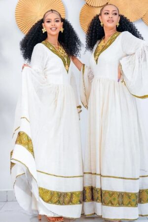 Zuria Habesha Kemis – White with Gold Tibeb (Style 30) – Azmarino Fashion Boutique – view 2