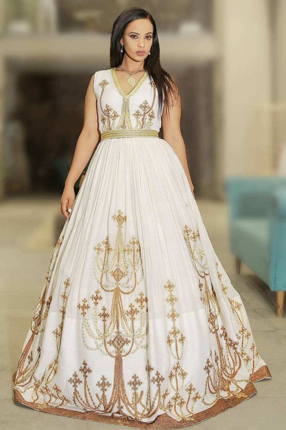 Zuria Habesha Kemis – White with Gold Tibeb (Style 5) – Azmarino Fashion Boutique