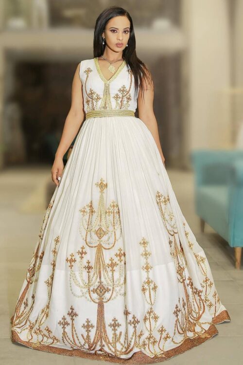 Zuria Habesha Kemis – White with Gold Tibeb (Style 5) – Azmarino Fashion Boutique