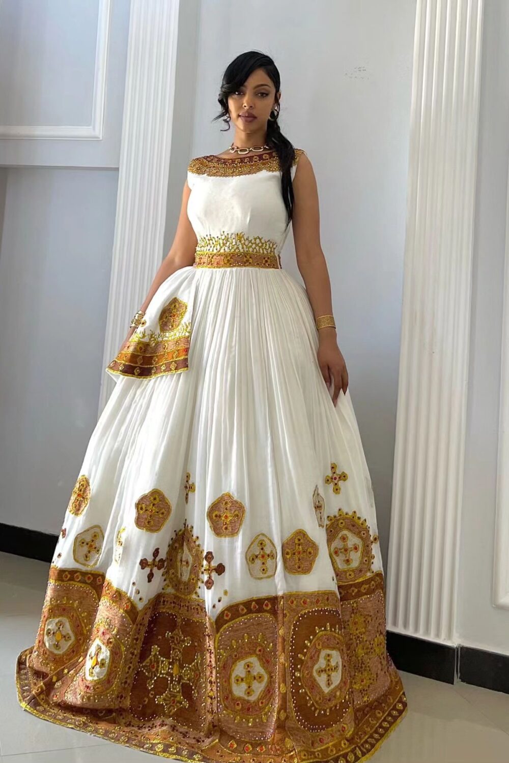Zuria Habesha Kemis – White with Gold Tibeb (Style 6) – Azmarino Fashion Boutique