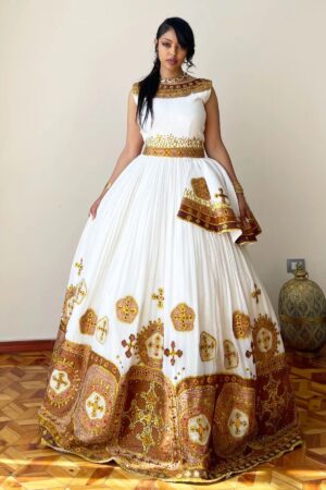 Zuria Habesha Kemis – White with Gold Tibeb (Style 6) – Azmarino Fashion Boutique – view 2